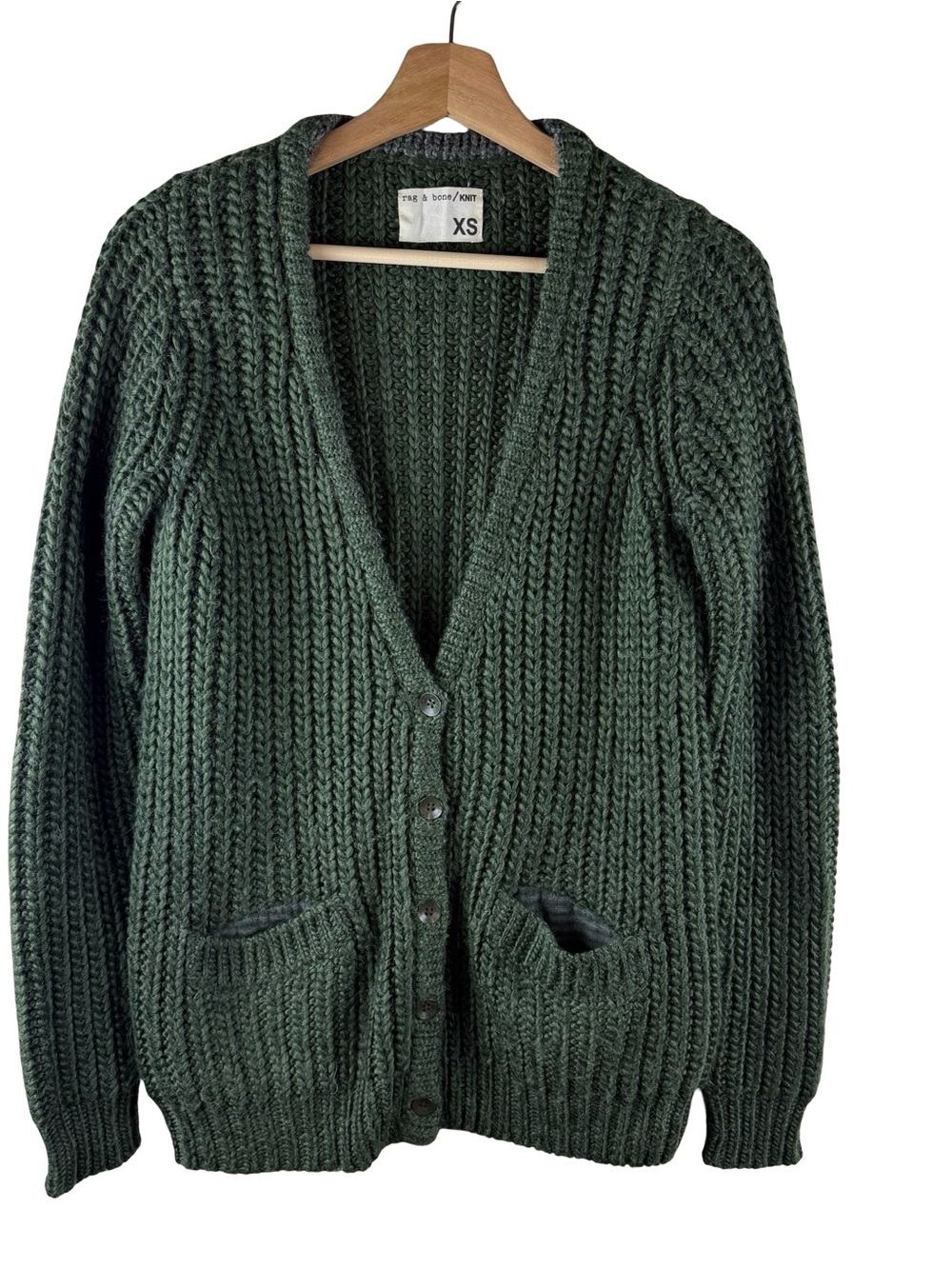 Rag & Bone Cardigan Sweater Chunky Knit Green V Neck Wool Blend